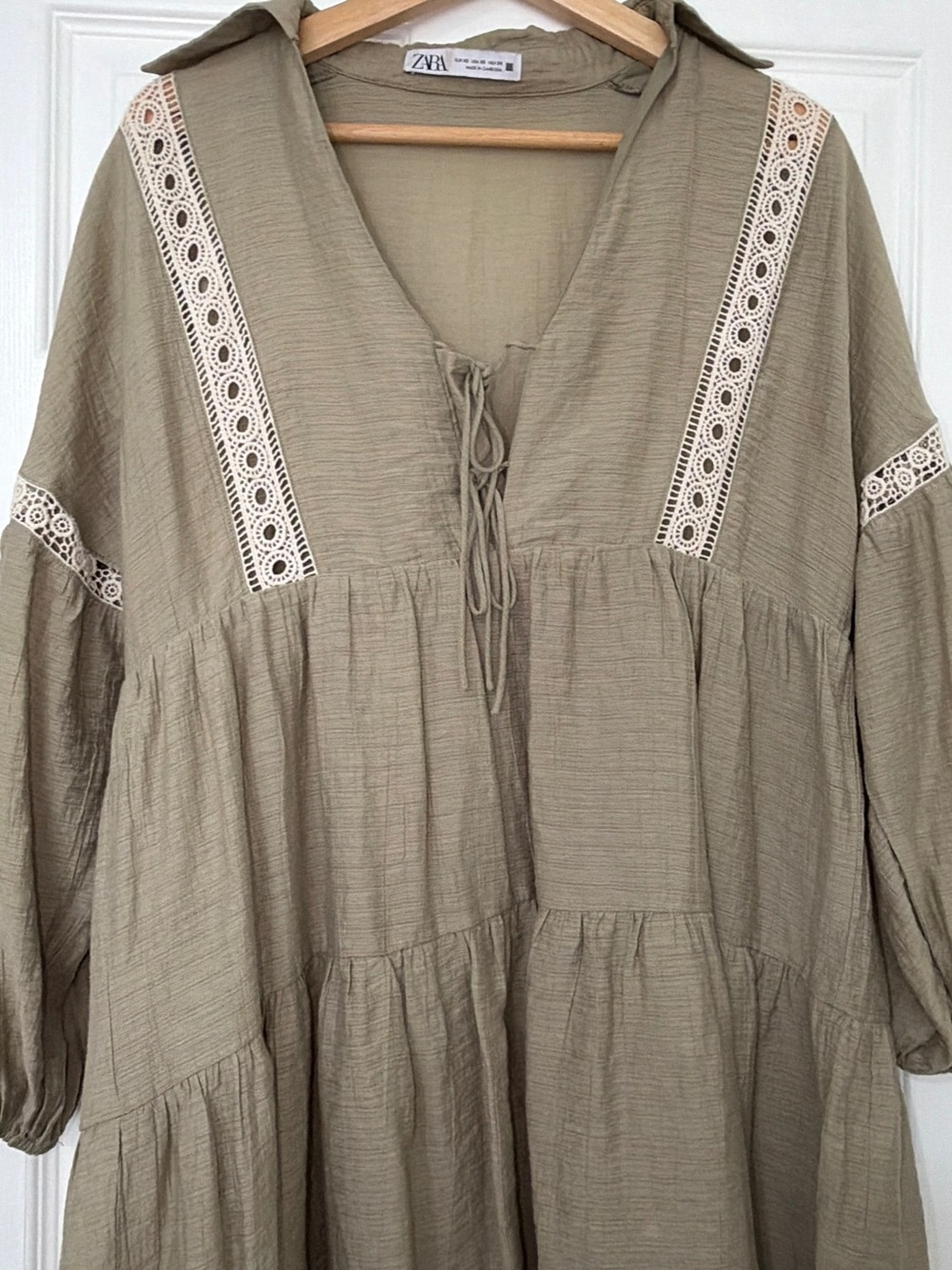 Zara Olive Green Tiered Peasant Dress with Lace Inserts - Picture 5 of 5